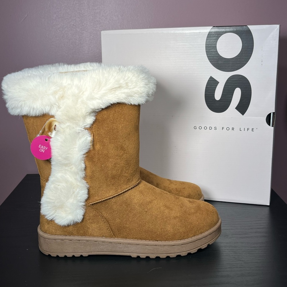 NEW SO Fur Lined Boots Size 5 ❄️ Suede Outer Easy On Boot Fast Shipping - Picture 1 of 5